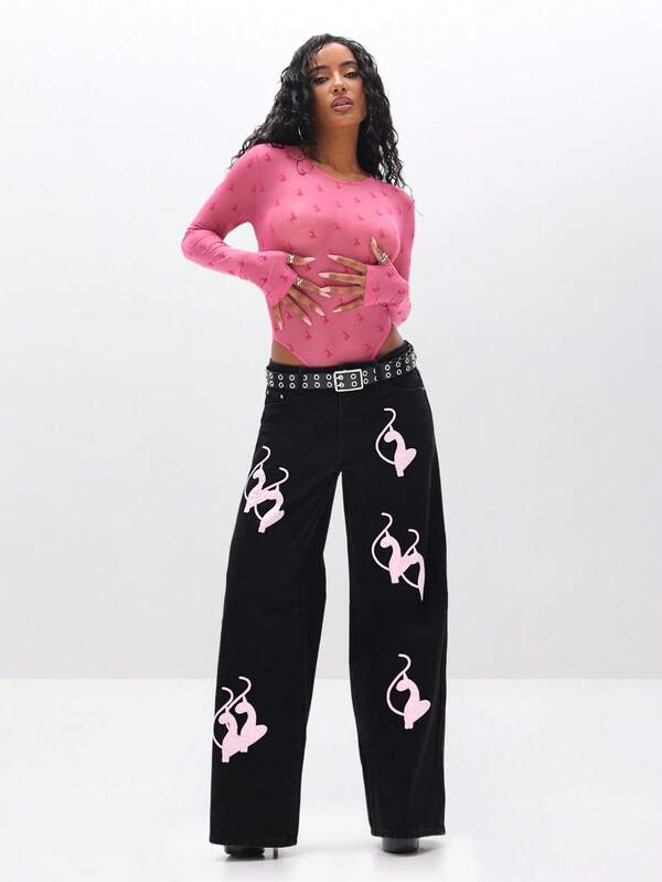 BABYPHAT Baggy Fit Vintage Wash Jeans With Applique Details Wide Leg Pants For Casual Streetwear