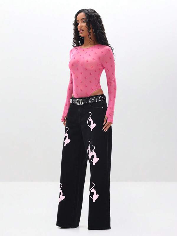 BABYPHAT Baggy Fit Vintage Wash Jeans With Applique Details Wide Leg Pants For Casual Streetwear