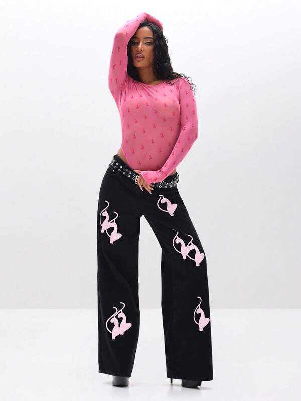 BABYPHAT Baggy Fit Vintage Wash Jeans With Applique Details Wide Leg Pants For Casual Streetwear