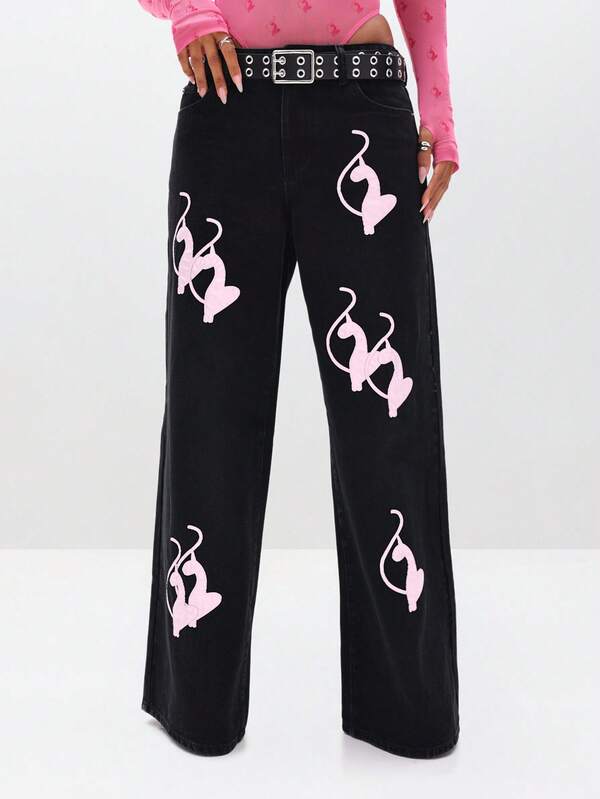 BABYPHAT Baggy Fit Vintage Wash Jeans With Applique Details Wide Leg Pants For Casual Streetwear
