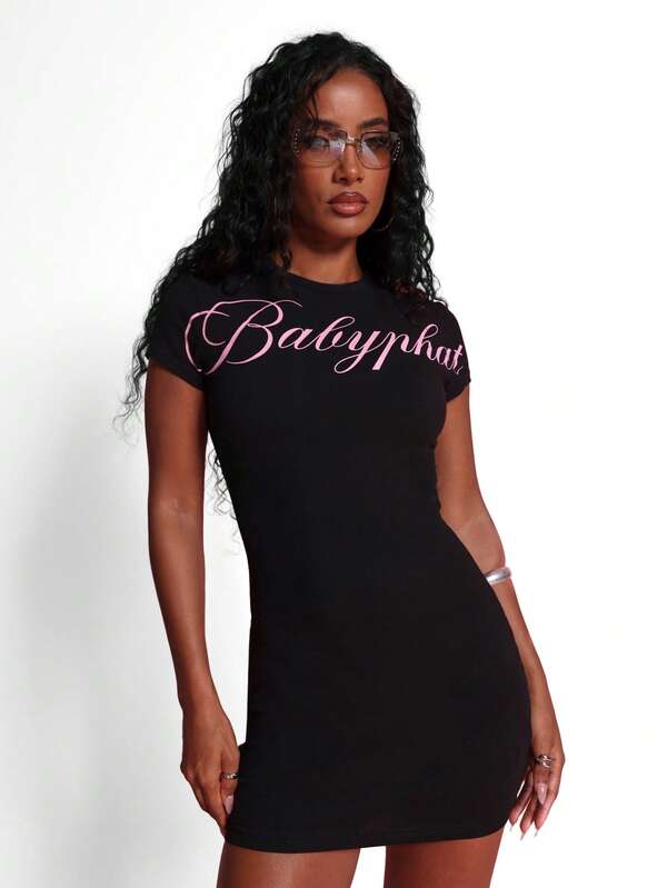 BABYPHAT CAP SLEEVE RIB MINI DRESS WITH SCRIPT PRINT