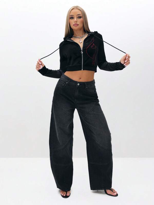 BABYPHAT Cropped Velour Zip Up Hoodie With Rhinestone Embellishment Long Sleeve Fall Winter Sweatshirt