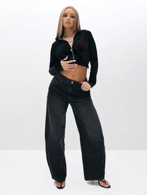 BABYPHAT Cropped Velour Zip Up Hoodie With Rhinestone Embellishment Long Sleeve Fall Winter Sweatshirt