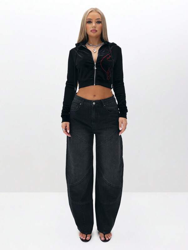 BABYPHAT Cropped Velour Zip Up Hoodie With Rhinestone Embellishment Long Sleeve Fall Winter Sweatshirt
