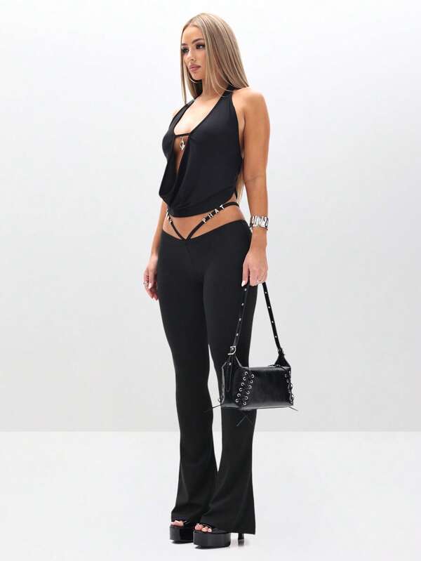 BABYPHAT Deep Plunge Cowl Neck Tank Top With Cutout Detail Chest Opening For Layering