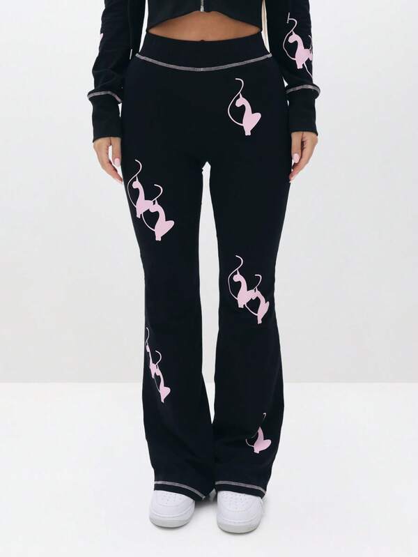 BABYPHAT Fitted Flare Logo Sweatpants With Pink Cat Print For Casual Everyday Wear