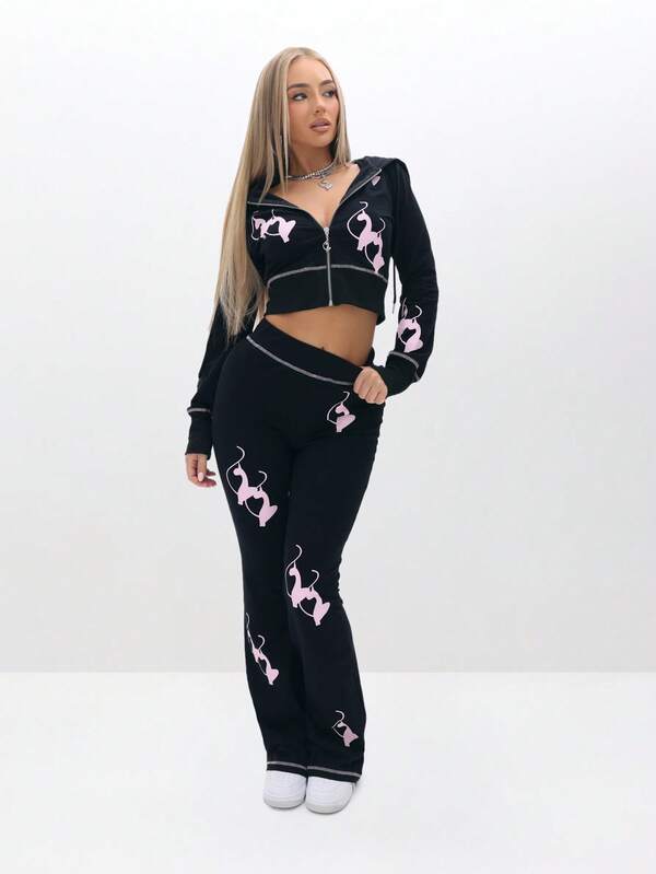 BABYPHAT Fitted Flare Logo Sweatpants With Pink Cat Print For Casual Everyday Wear