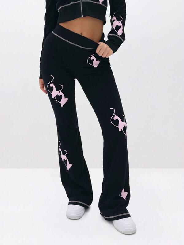 BABYPHAT Fitted Flare Logo Sweatpants With Pink Cat Print For Casual Everyday Wear