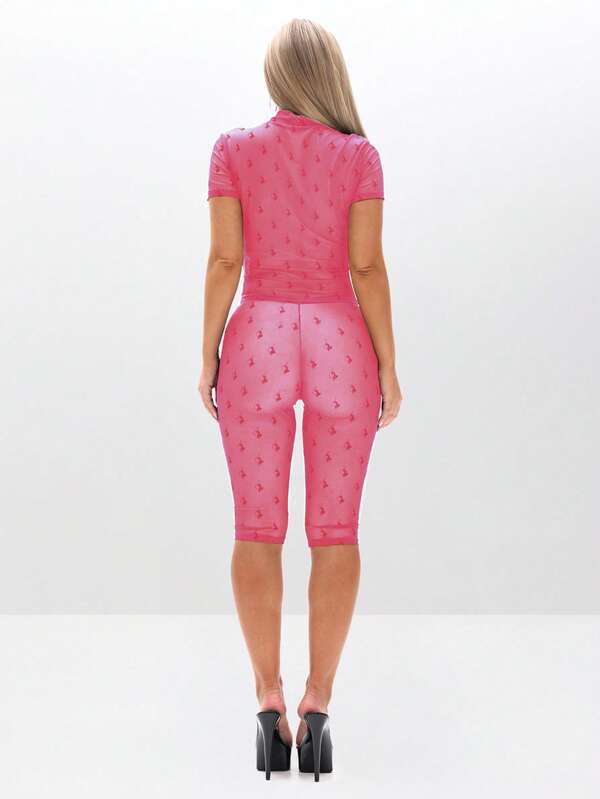 BABYPHAT Flocked Mesh High Neck Short Sleeve Sheer Top With Cat Logo Print Pattern