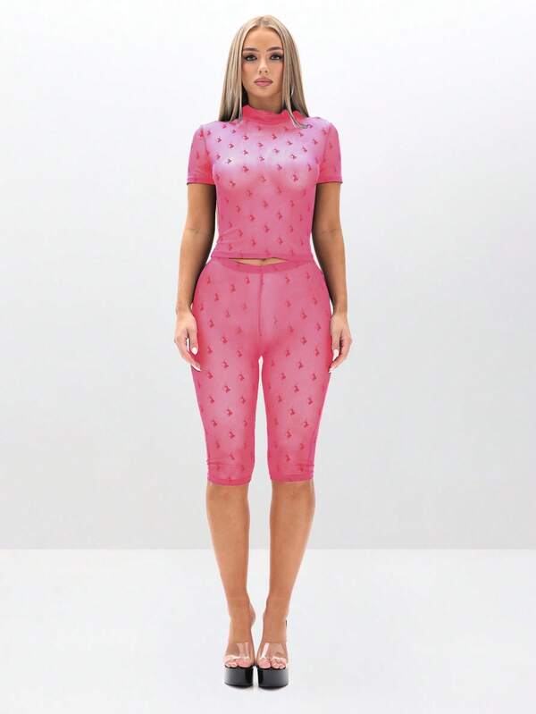 BABYPHAT Flocked Mesh High Neck Short Sleeve Sheer Top With Cat Logo Print Pattern