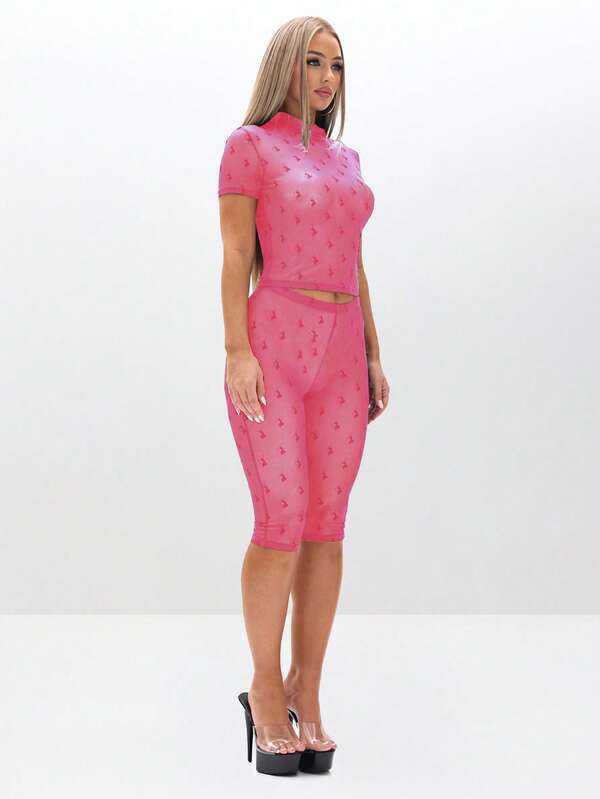 BABYPHAT Flocked Mesh High Neck Short Sleeve Sheer Top With Cat Logo Print Pattern