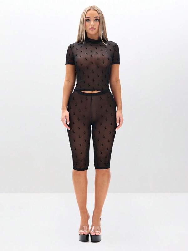 BABYPHAT Flocked Mesh High Neck Short Sleeve Sheer Overlay Top With Textured Detailing For Layered Looks