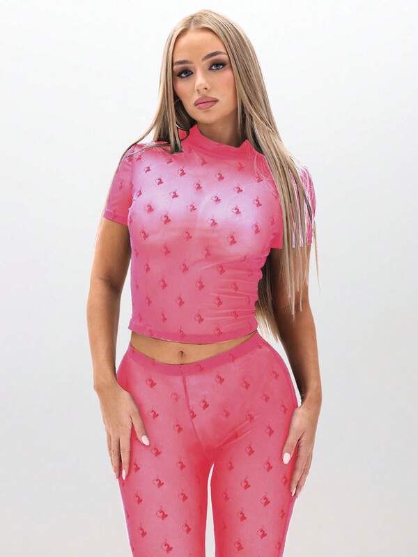 BABYPHAT Flocked Mesh High Neck Short Sleeve Sheer Top With Cat Logo Print Pattern