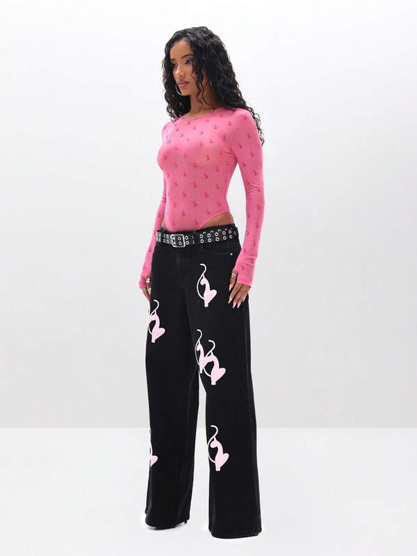 BABYPHAT Flocked Mesh Long Sleeve Bodysuit With Crew Neck Valentine's Day Fashion Top