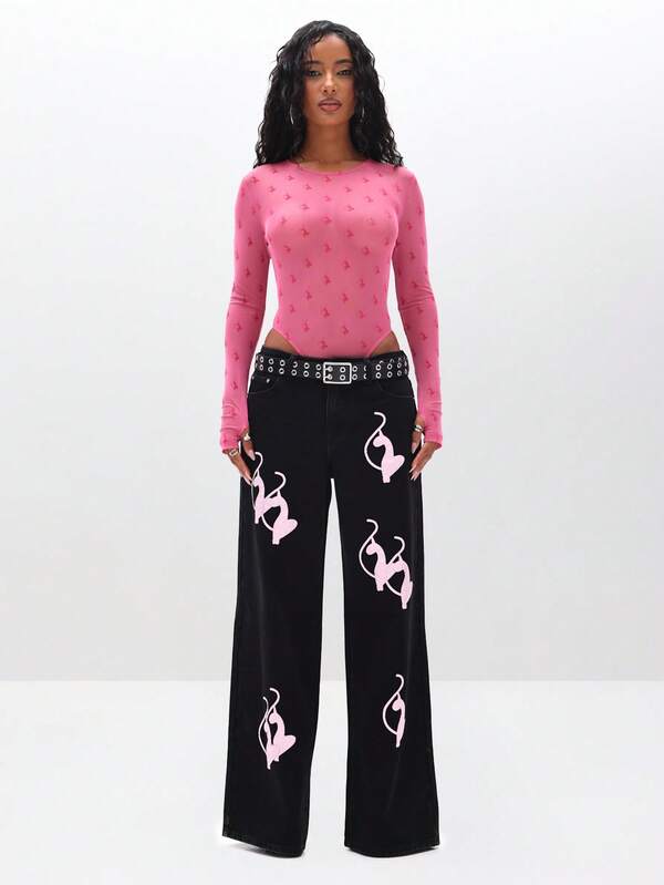 BABYPHAT Flocked Mesh Long Sleeve Bodysuit With Crew Neck Valentine's Day Fashion Top