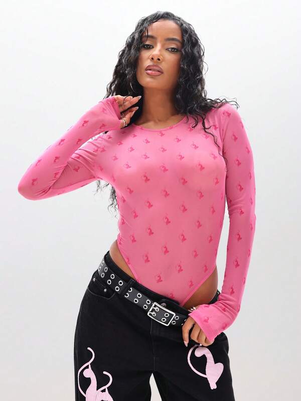 BABYPHAT Flocked Mesh Long Sleeve Bodysuit With Crew Neck Valentine's Day Fashion Top