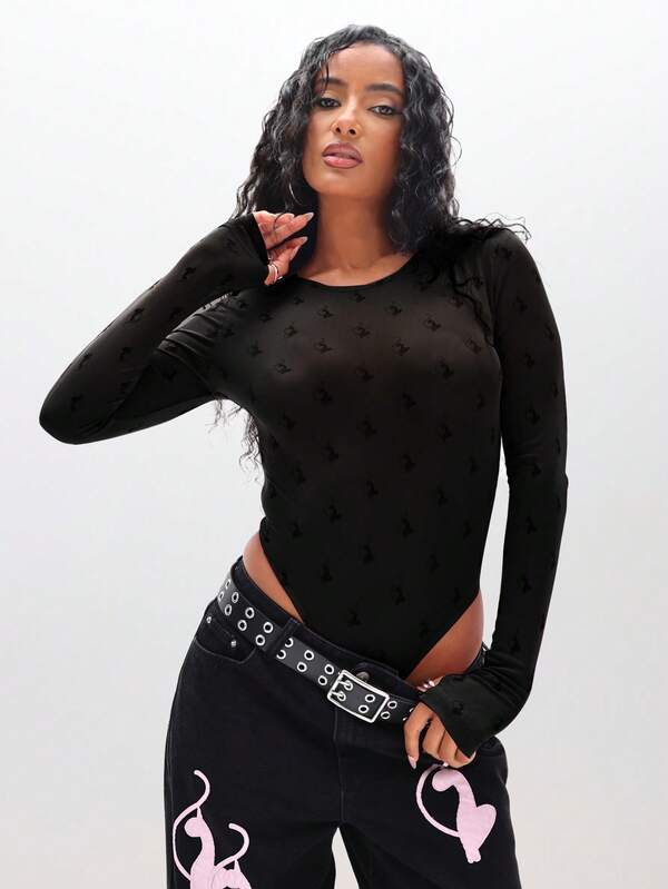 BABYPHAT Flocked Mesh Long Sleeve Bodysuit With High Leg Cut Out Round Neckline For Layering