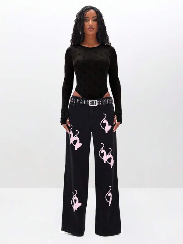 BABYPHAT Flocked Mesh Long Sleeve Bodysuit With High Leg Cut Out Round Neckline For Layering