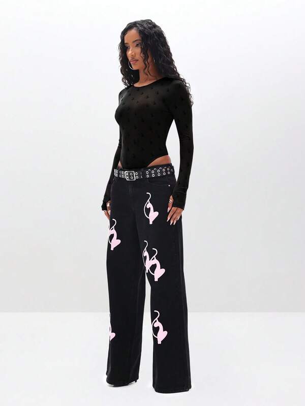BABYPHAT Flocked Mesh Long Sleeve Bodysuit With High Leg Cut Out Round Neckline For Layering