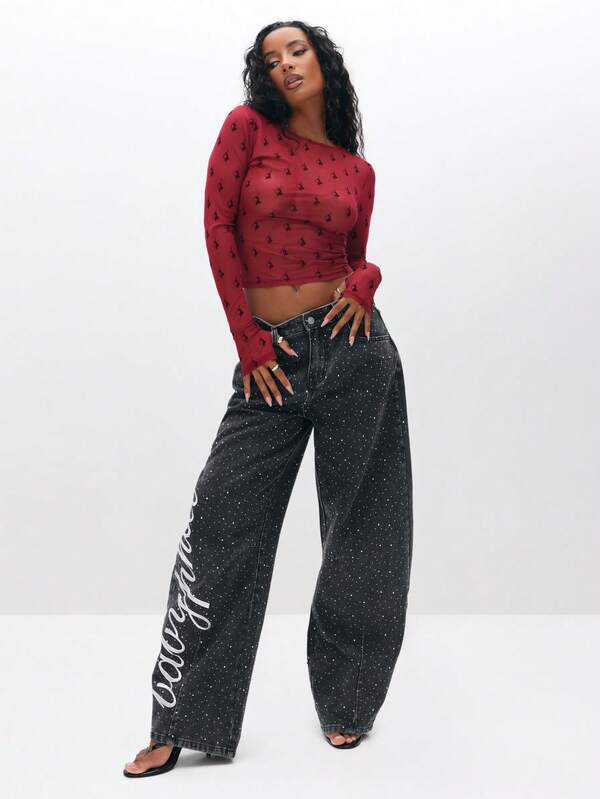 BABYPHAT Flocked Sheer Mesh Long Sleeve Top With Allover Print Round Neckline Fitted Cropped Style