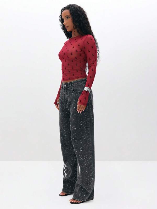 BABYPHAT Flocked Sheer Mesh Long Sleeve Top With Allover Print Round Neckline Fitted Cropped Style