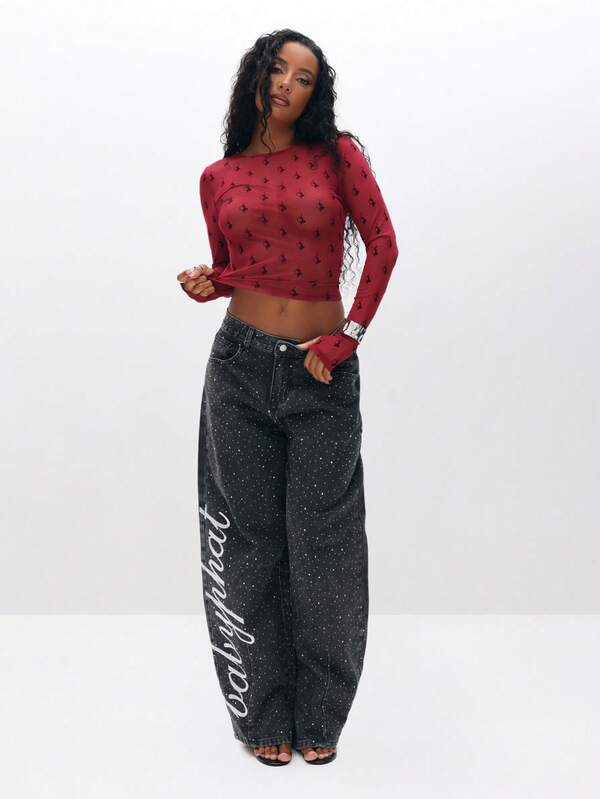 BABYPHAT Flocked Sheer Mesh Long Sleeve Top With Allover Print Round Neckline Fitted Cropped Style