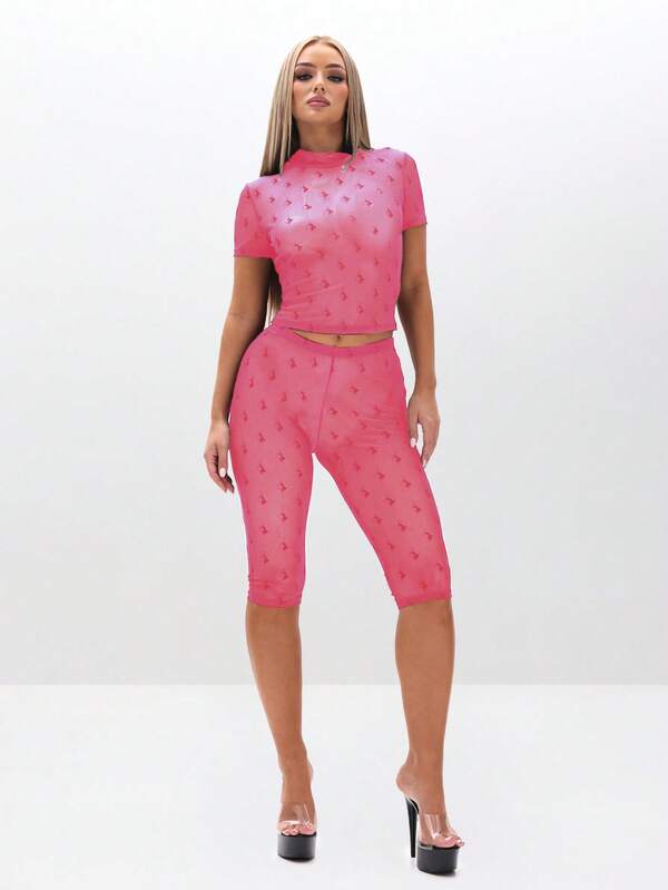 BABYPHAT Flocked Star Mesh Capri Leggings High Waisted Semi Sheer Festival Party Club Cropped Pants