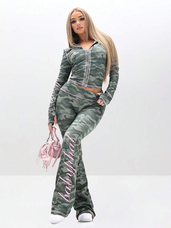 BABYPHAT Fold Over Waist Flare Leggings With Camouflage Print And Contrast Pink Trim