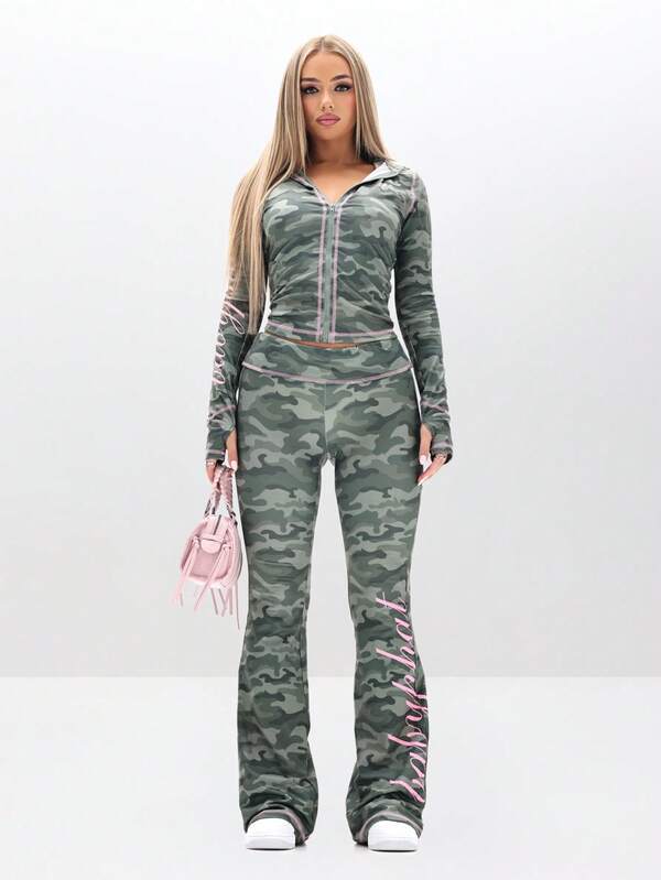 BABYPHAT Fold Over Waist Flare Leggings With Camouflage Print And Contrast Pink Trim