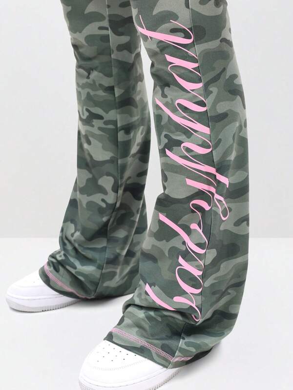 BABYPHAT Fold Over Waist Flare Leggings With Camouflage Print And Contrast Pink Trim