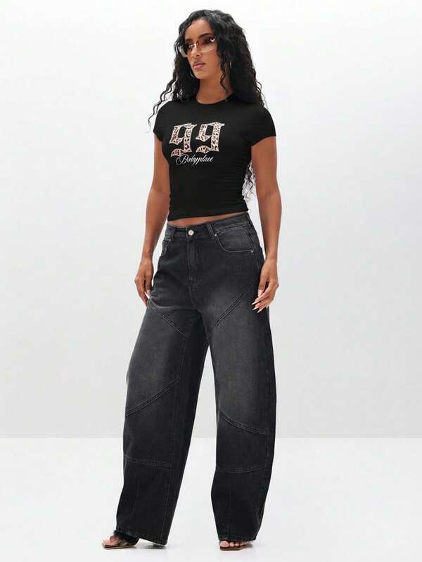 BABYPHAT Graphic Baby Tee Cropped Short Sleeve Round Neck Fitted Top With Animal Print Numbers