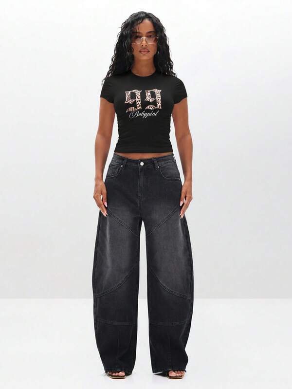 BABYPHAT Graphic Baby Tee Cropped Short Sleeve Round Neck Fitted Top With Animal Print Numbers