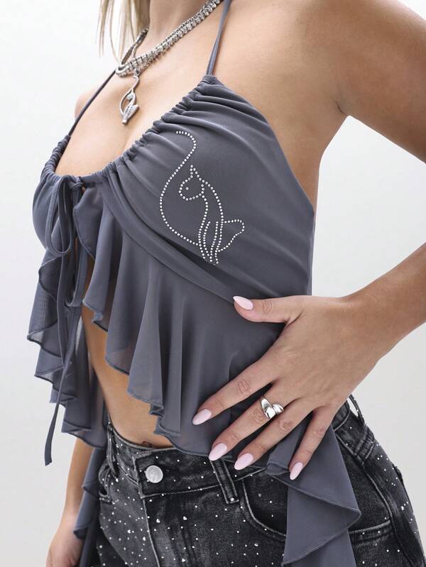 BABYPHAT Halter Cami Mesh Waterfall Ruffle Top Sleeveless Summer Festival Flowing Layer Blouse