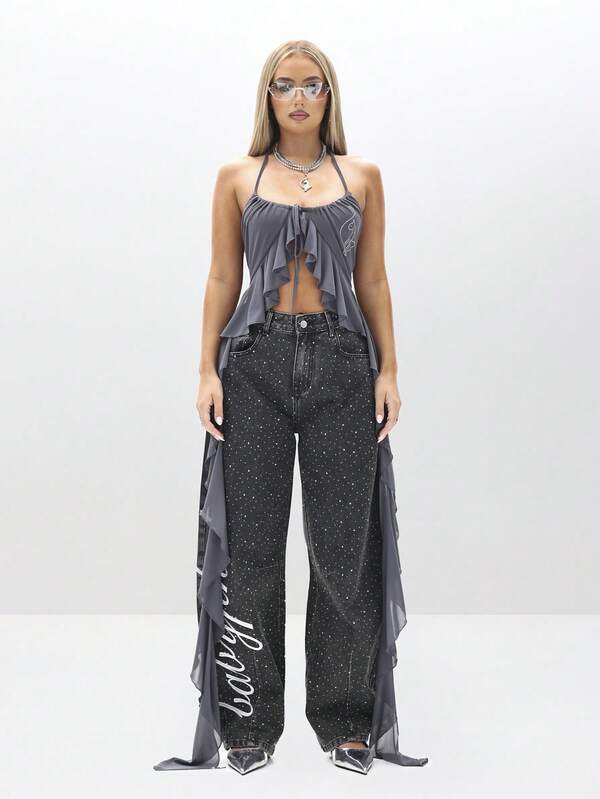 BABYPHAT Halter Cami Mesh Waterfall Ruffle Top Sleeveless Summer Festival Flowing Layer Blouse