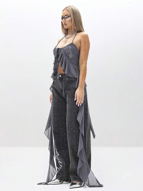 BABYPHAT Halter Cami Mesh Waterfall Ruffle Top Sleeveless Summer Festival Flowing Layer Blouse
