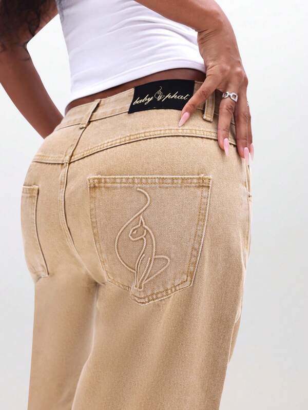 BABYPHAT High Waisted Wide Leg Barrel Jeans With Panelling Utility Cargo Pocket Seam Detail