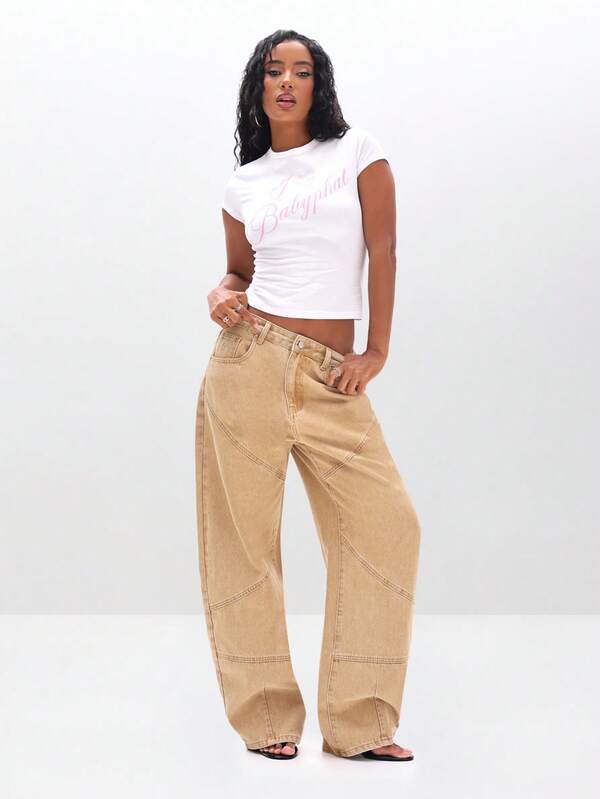 BABYPHAT High Waisted Wide Leg Barrel Jeans With Panelling Utility Cargo Pocket Seam Detail