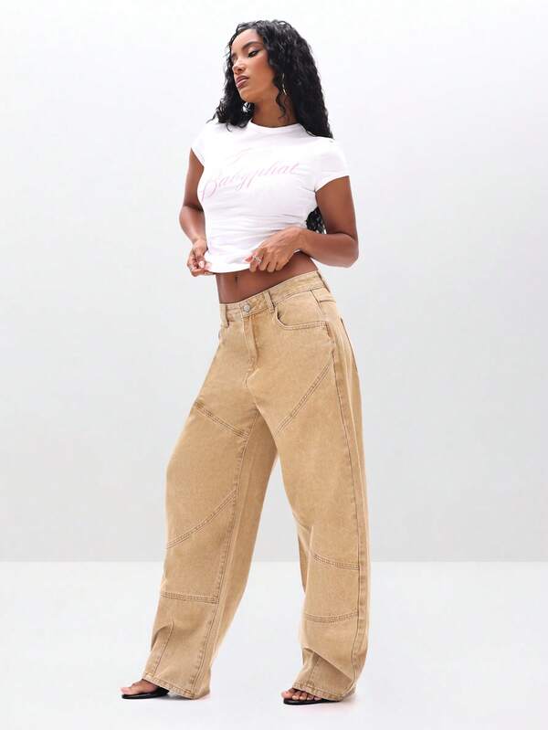 BABYPHAT High Waisted Wide Leg Barrel Jeans With Panelling Utility Cargo Pocket Seam Detail