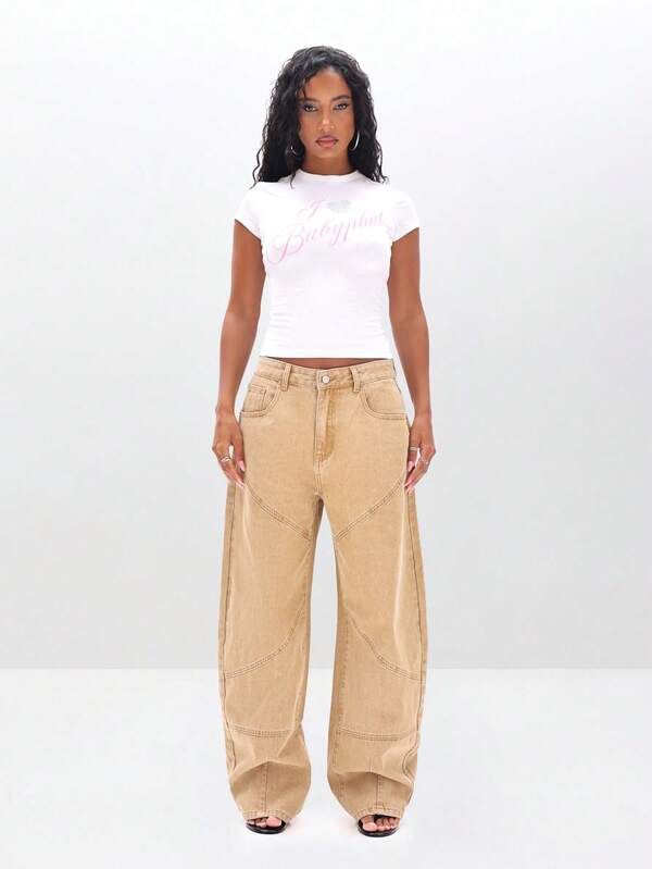 BABYPHAT High Waisted Wide Leg Barrel Jeans With Panelling Utility Cargo Pocket Seam Detail