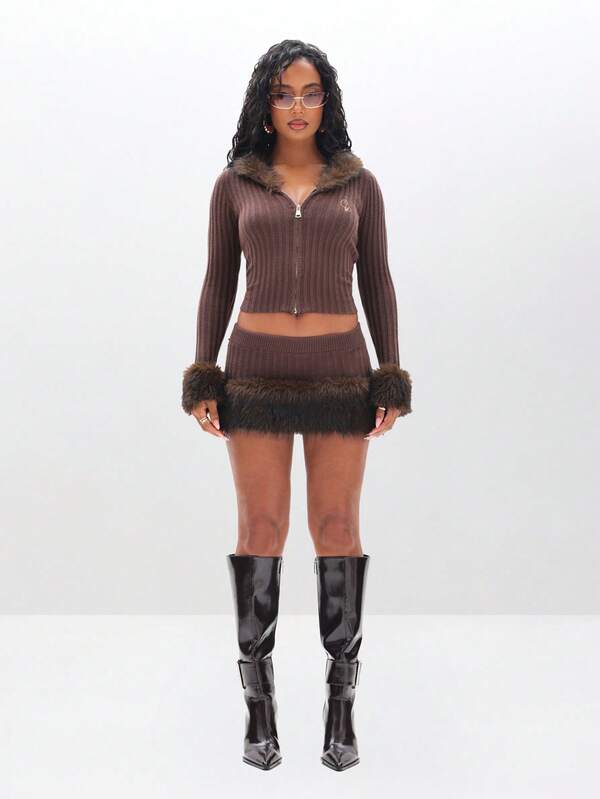 BABYPHAT Knit Cardigan With Faux Fur Neckline And Cuffs Ribbed Texture Long Sleeve Zip Up Winter Fall Outerwear