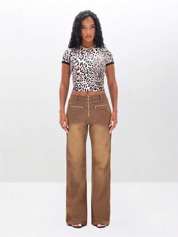BABYPHAT Leopard Print Baby Ringer Tee Short Sleeve Animal Print Fashion Shirt