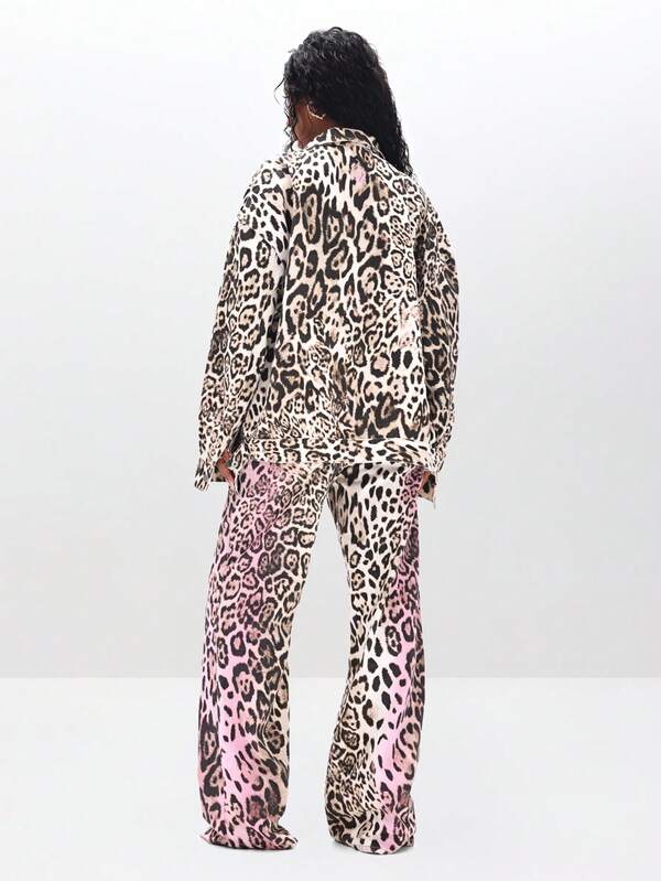 BABYPHAT Leopard Print Oversized Workwear Chore Jacket With Applique Details For Casual Streetwear