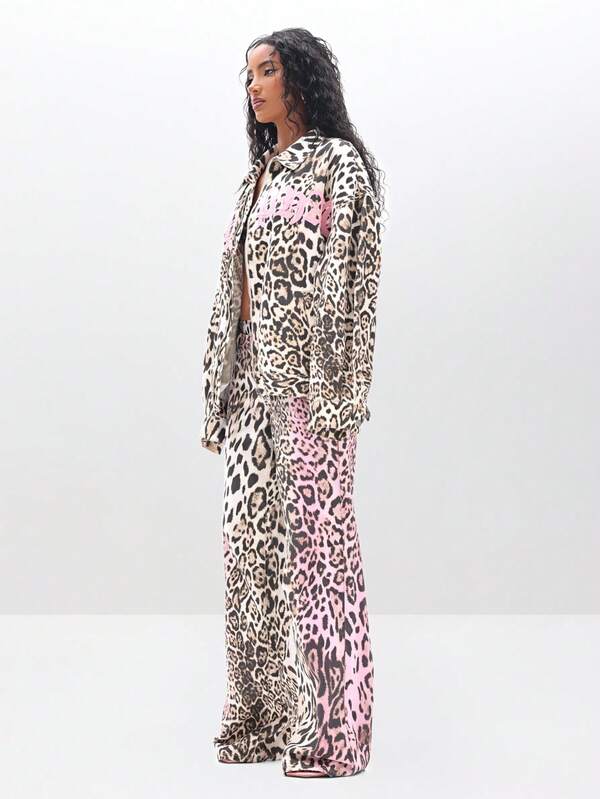 BABYPHAT Leopard Print Oversized Workwear Chore Jacket With Applique Details For Casual Streetwear