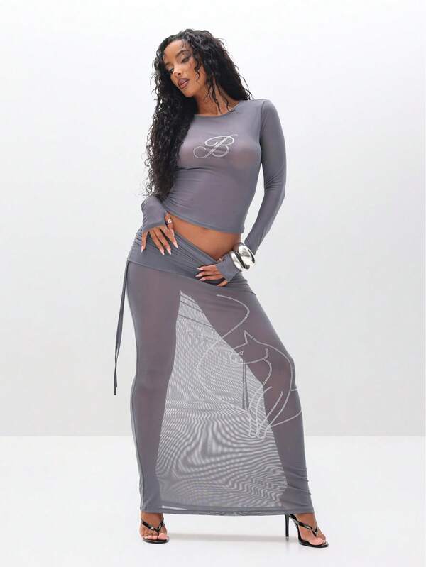 BABYPHAT Long Sleeve Mesh Top With Rhinestone Detailing And Crew Neckline For Casual Everyday Wear