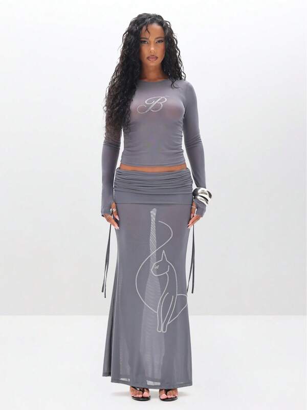 BABYPHAT Long Sleeve Mesh Top With Rhinestone Detailing And Crew Neckline For Casual Everyday Wear