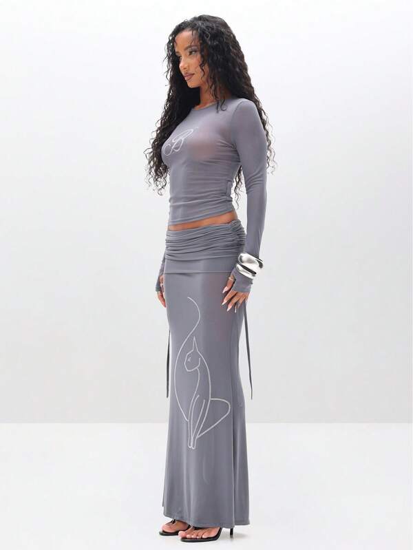 BABYPHAT Long Sleeve Mesh Top With Rhinestone Detailing And Crew Neckline For Casual Everyday Wear