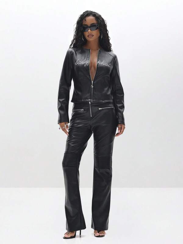 BABYPHAT Low Rise Bootcut Faux Leather Pants With Front Zip And Moto Style Detailing For Fall Winter Look