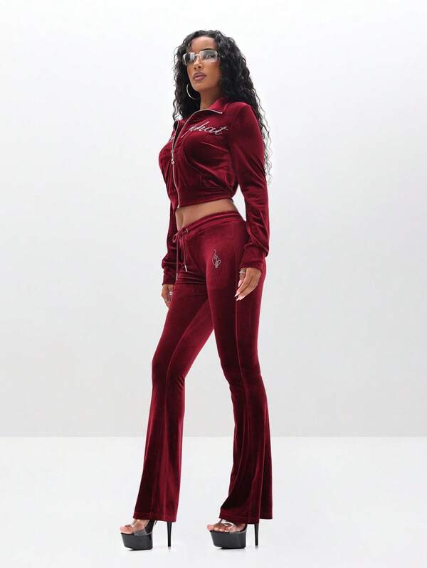 BABYPHAT Low Rise Velour Sweatpants With Flared Legs And Rhinestone Details For Fall Winter