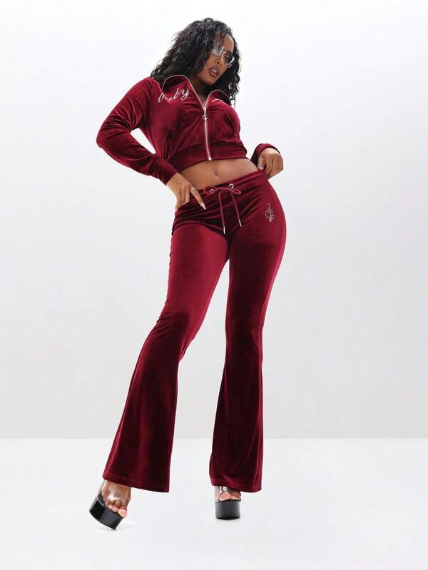 BABYPHAT Low Rise Velour Sweatpants With Flared Legs And Rhinestone Details For Fall Winter