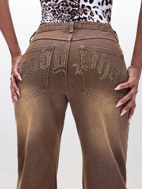 BABYPHAT Low Waist Bootcut Flare Jeans With Rhinestone Embellishments Wide Leg Denim Pants For Fall Winter